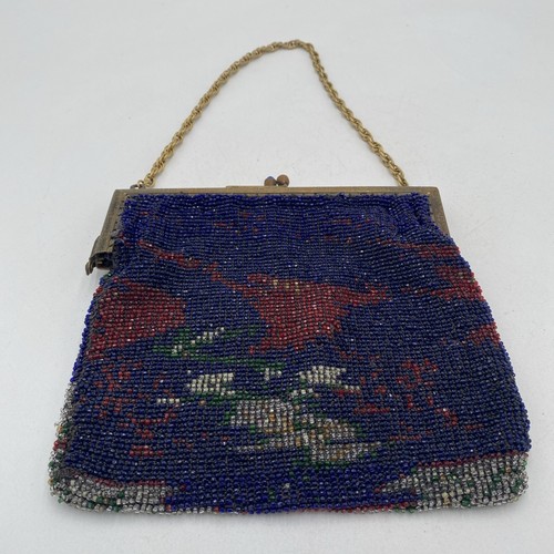 Antica borsa Dresda con perline anni '20 art deco blu rosso cornice metallo oro - Foto 1 di 13