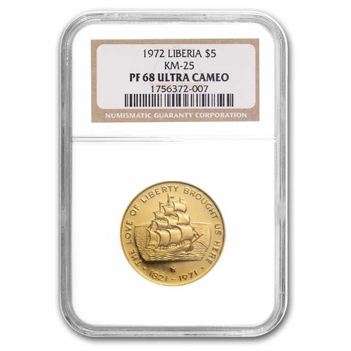 1972 Liberia Proof Gold $5 Ship at Sea PF-68 NGC
