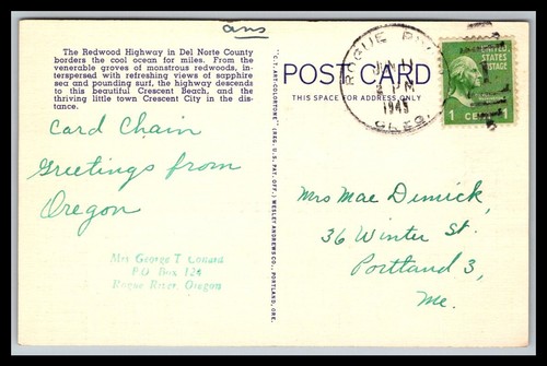 VISTA MIRANDO AL NOROESTE DESDE REDWOOD HIGHWAY, CRESCENT CITY, CA Antigua Postal G12 - Imagen 2 de 2