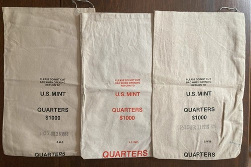 Drei Vintage Canvas Pfandtaschen U.S. Mint Quarters $1000 LI Inc/SWB 1995+