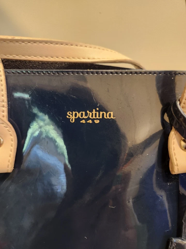 穿过 Once Spartina Daisy Dash 449 海军蓝 Pat 皮革 亚麻内衬 托特包 Ret.189 美元 — 第 3/4 张图片