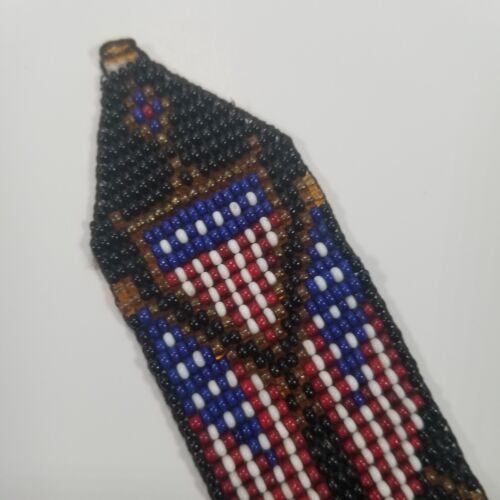 Folk Art Watch Fob Beadwork Americana Flag Antique Victorian Red White Blue - Picture 2 of 6