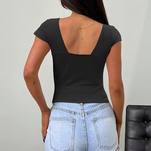 Damen Sexy Tiefer V-Ausschnitt Bluse Tops Kurzarm Slim Fit T-Shirts Trendy T-Shirts - Bild 7 von 24