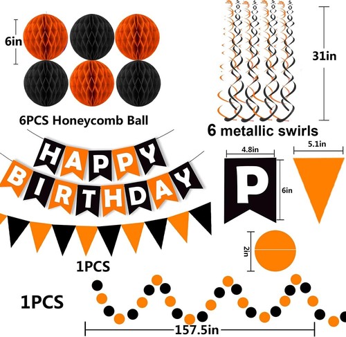 Happy Birthday Banner Paper Triangle Flag Bunting Circle Black Orange - Picture 2 of 4