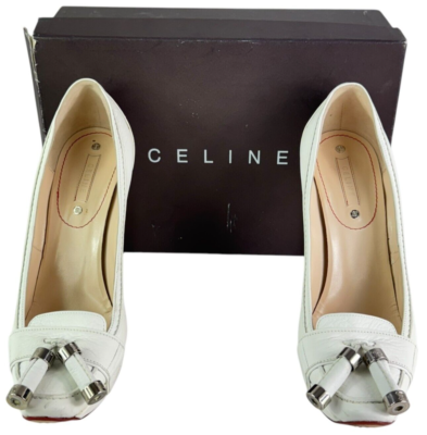 CELINE White Leather Front Tassel Women Platform Pump 95mm
