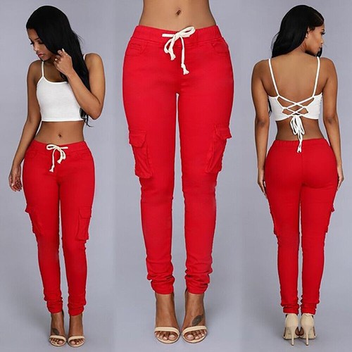 High Waist Sweatpants Cargo Pants Jogger Womens Ladies Skinny Slim Fit Trousers - Picture 15 of 16