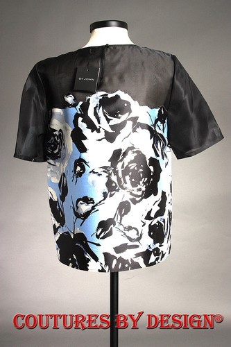 Blusa St John Knits Silk Illusion Top, Negra y Azul Floral Multi Talla 8 Nueva con Etiquetas $695 - Imagen 4 de 4