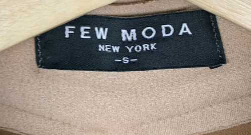 Few Moda Trench Coat Tan Faux Suede Collared Open Front Belt Pockets Vent Size S - Picture 15 of 15
