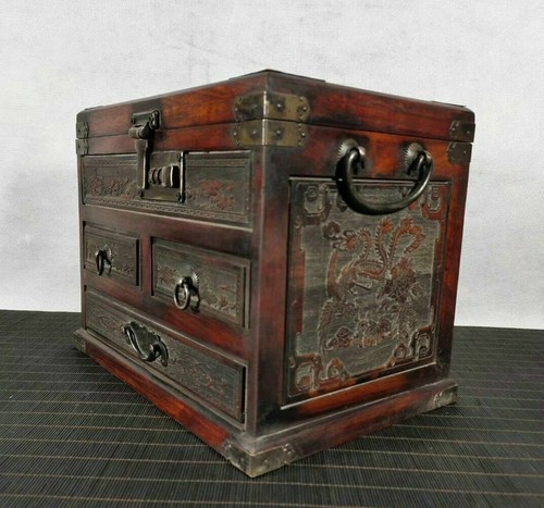 Caja de madera antigua china de 12"" natural caja de caoba antigua joyero espejo - Imagen 4 de 8