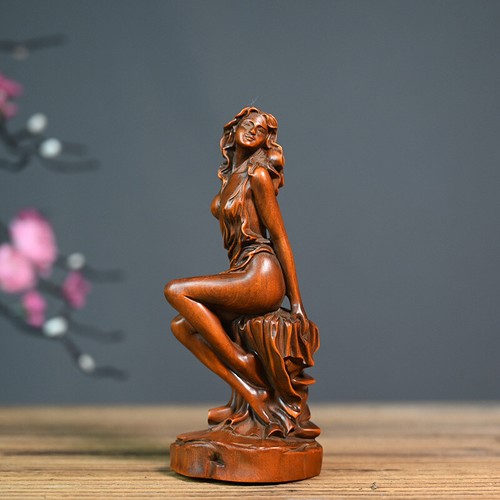 Chinese Boxwood Wood Carving Sexy Beautiful Woman Statue Wooden Sculpture decor - Picture 8 of 18