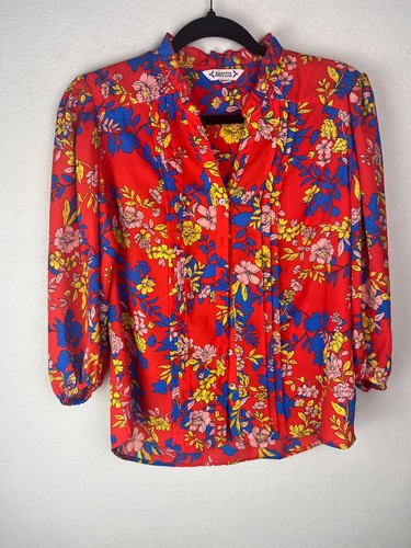 Nanette Lepore Women's Small Crepe Chiffon Blouse Saffron Sun Print Button - Picture 2 of 7