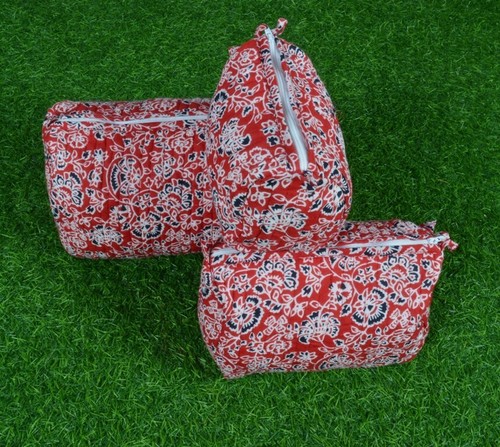 3 PC Indian Cotton Quilted One Zipper Toiletry Bags Women's Makeup Storage Case - Picture 4 of 6