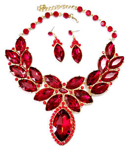 Red-Statement-Necklace-Earring-Crystal-Rhinestone-Bridal-Pageant-Prom-Jewelry
