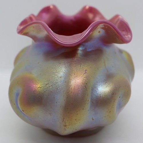 c 1900 Antique Bohemian Kralik Art Nouveau Silberisis Glass Pink Gold Bowl Vase - Picture 7 of 13