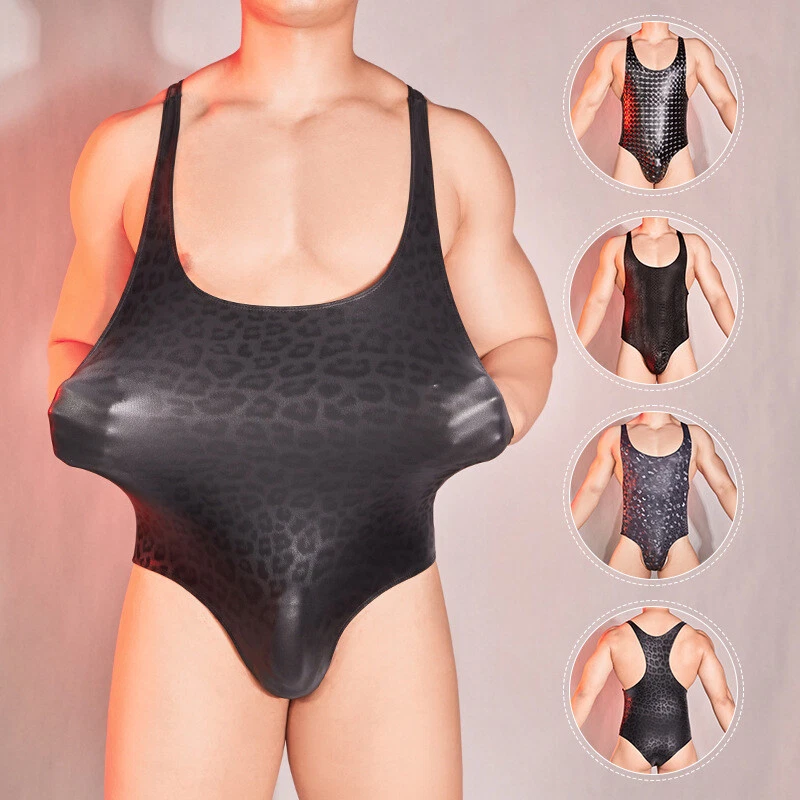 Costume da bagno sexy uomo gay PU leopardato body top lingerie palco festa clubwear - Immagine 2 di 4