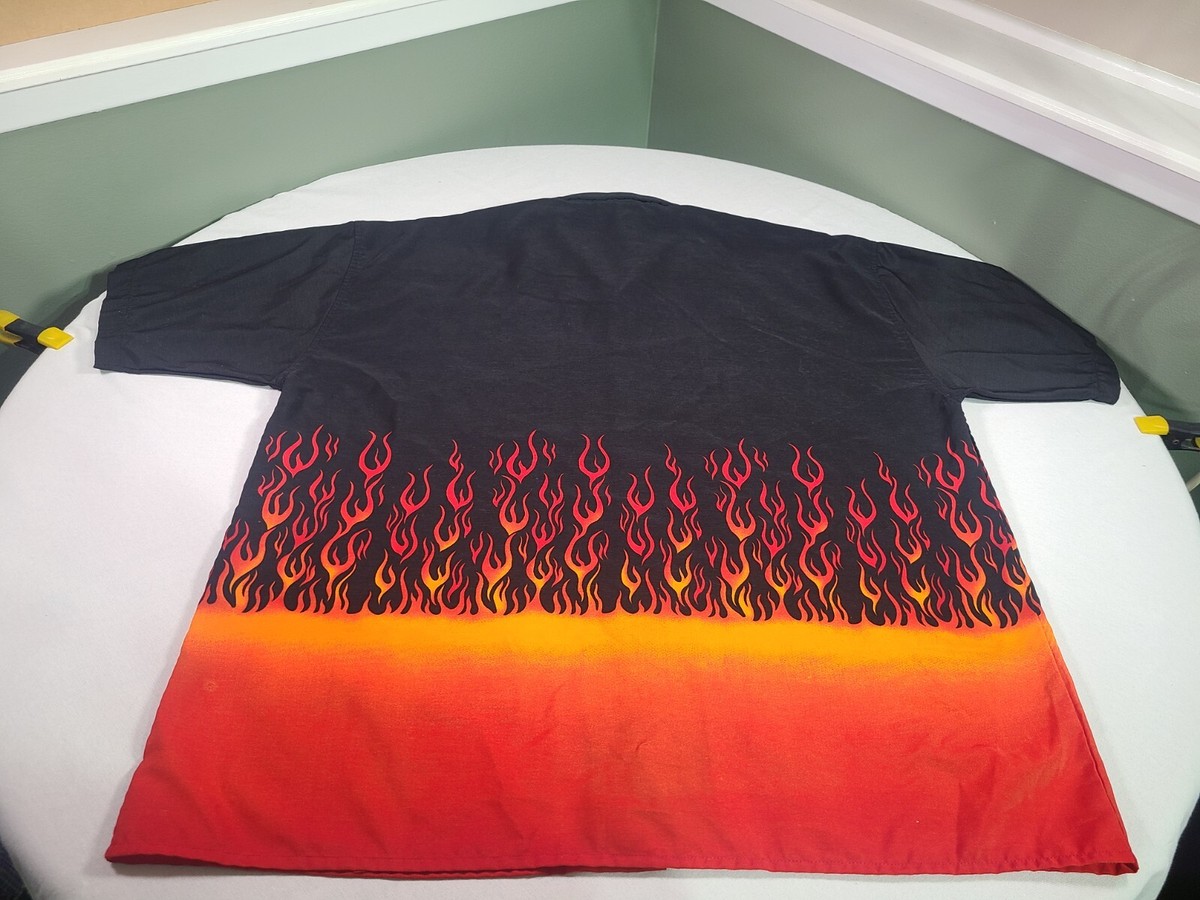 Vintage FLAMES Shirt Mens 2X ALL OVER PRINT On Fire Full Wrap 90s 