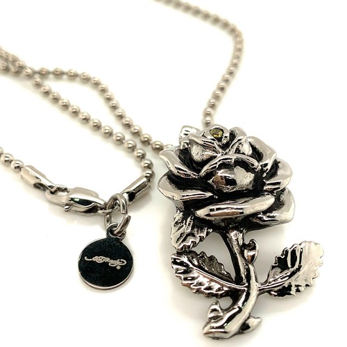 Authentic Ed Hardy Rose Pendant Yellow CZ Stainless Steel Dog Tag Necklace 24” - Picture 3 of 10