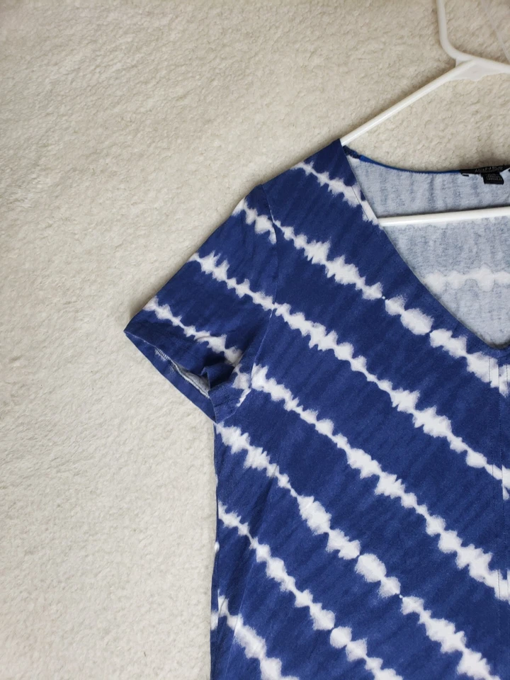 Camisa Jones New York Mujer Top Mediana Azul Rayas Algodón B Manga Corta Cuello en V Foto 2 de 4