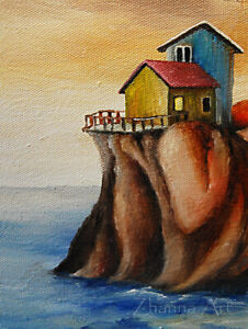 Original-ART-ACEO-oil-PAINTING-seascape-houses-on-rocky-land-sunset-miniatre