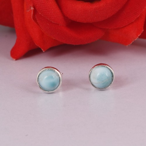 Round Blue Larimar Stud Earrings Sterling Silver Tiny Studs For Graduation Gift - Picture 6 of 11