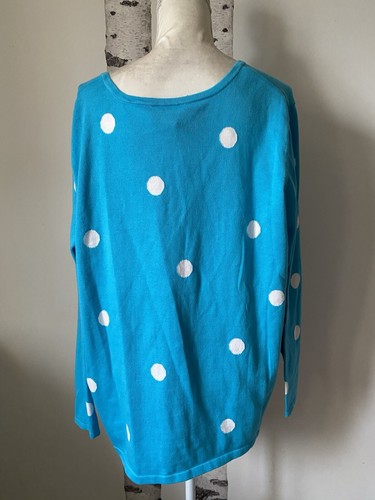 Quacker Factory Cardigan Sweater 2X Turquoise/White Polka Dot Knit Long Sleeve - Picture 2 of 8