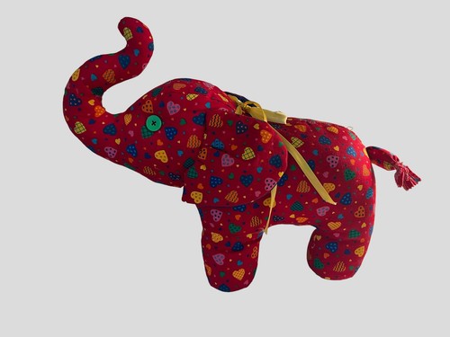 Handmade Plush Elephant Bright Heart Fabric Button Eyes Trunk Up Weighted Feet - Picture 1 of 4