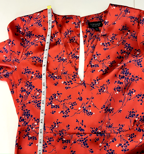 Topshop Dress Women's 4 Satin Floral Red Midi 2 Front Slits Split Back Neckline - Picture 3 of 12