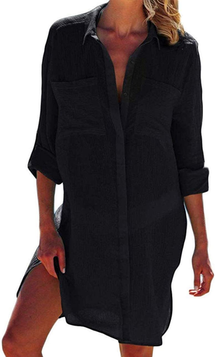 Copricostume Donna Mare Camicia Lunga Donna Vestito Colletto in Piedi Abito in C - Foto 12 di 12