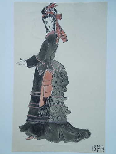 Dessin De Mode Ancien Original Dame Robe Pouf 1874 DM2619 - Picture 2 of 2