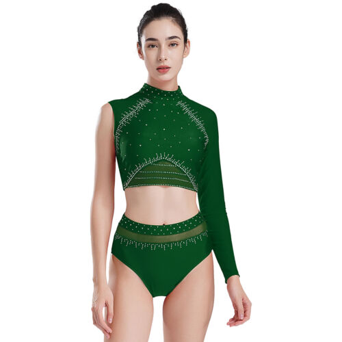 Women Crop Top Dance T-shirt Athletic Tops Lyrical Blouse Rhinestones Dancewear - Picture 55 of 68