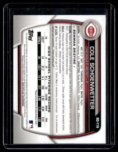2023 Bowman Draft Cole Schoenwetter #BD-116 RC Sky Blue /499 - Picture 2 of 2