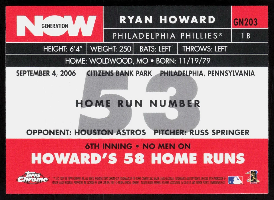 2007 Topps Chrome Generation Now Ryan Howard #GN203 Philadelphia Phillies - Image 2 of 2