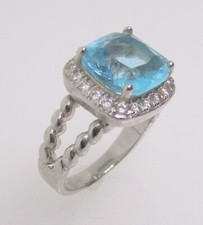 925 STERLING SILVER GENUINE BLUE  WHITE TOPAZ HALO SOLITAIRE RING SZ 6 - 4.8 G