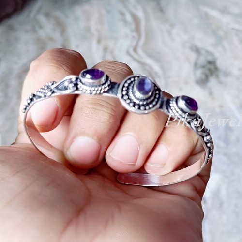 Amethyst & Amethyst Cut Gemstone 925 Sterling Silver Bangle Cuff For Women Gift - Picture 6 of 10