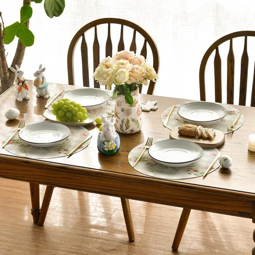Easter Decorations Bunny Rabbit Flowers Buffalo Plaid 15" Round Placemats 4PCS - Picture 3 of 12