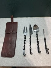 Set Of 4~ Custom Forged Fork, Spoon, Knife, Flatware~Camping~W/Leather Sheath