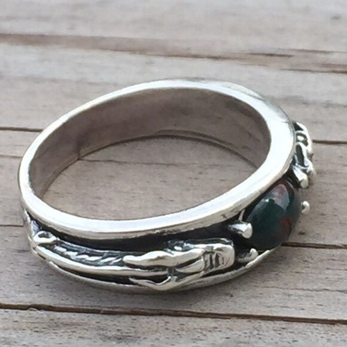 Anillo de dragón medieval de plata de ley .925 talla 7 con heliotropo de piedra de sangre genuina - Imagen 3 de 12