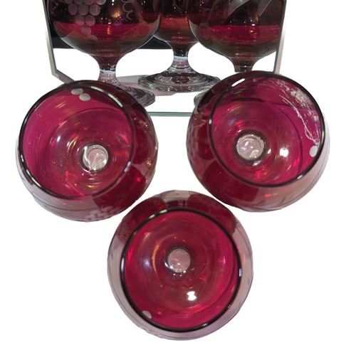 3 Ruby Red Etched Grapes & Vines, Vintage, Old Wine Glasses - Picture 10 of 21