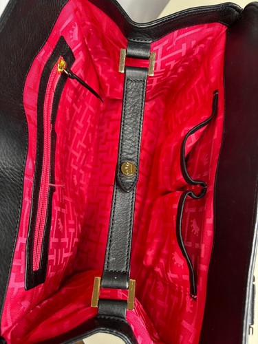 Elaine Turner Black Leather Shoulder Hand Bag Pink Lining Celia Chain Gold Lock - Picture 12 of 13