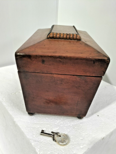 Antique Tea Caddy Timber w Mother of Pearl Lock & Keyring Terrific Tea Caddy -AF - Picture 4 of 12
