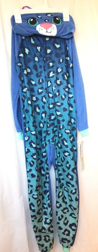 Cat & Jack Girls Pajamas One Piece Blue Spotted Cat Hooded Fleece Sz M(7-8) New - Picture 1 of 8