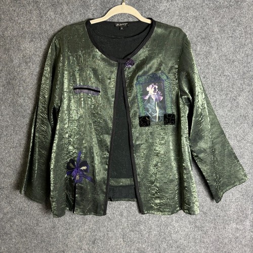 Lee Andersen Jacket Women's Small Green Black Floral Crinkle Art to Wear 2 Piece