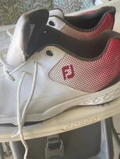 Preowned FootJoy 6M DNA Helix Men's Spikes Golf Shoe White Red Blue