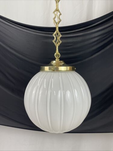 RESTORED Antique Vtg LARGE Art Deco Ribbed Glass Pendant Light Chandelier 1920s - Picture 17 of 23