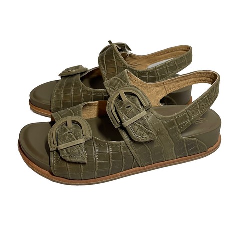 New Sofft Womens 8.5M Adalia Olive Buckle Croc Embossed Suede Leather Sandals - Picture 2 of 13