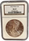 1992 American Silver Eagle $1 Dollar Coin One Troy Ounce 0.999 Fine NGC MS69