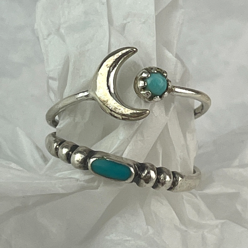 Set of (2) Sterling Silver 925 Rings - Turquoise Boho Moon Star Navajo Band Sz 8