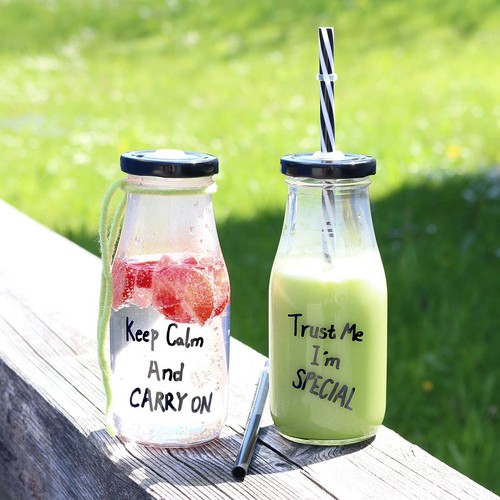 440s Glas Trinkflaschen 2er Set, mit Verschluß und Trinkhalm - Bild 4 von 5