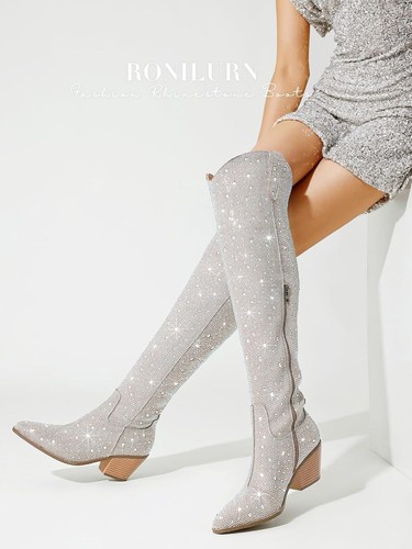 Women Rhinestone Over the Knee Cowboy Boots, Sparkly Bling Cowgirl 8.5, Beige - Picture 7 of 8