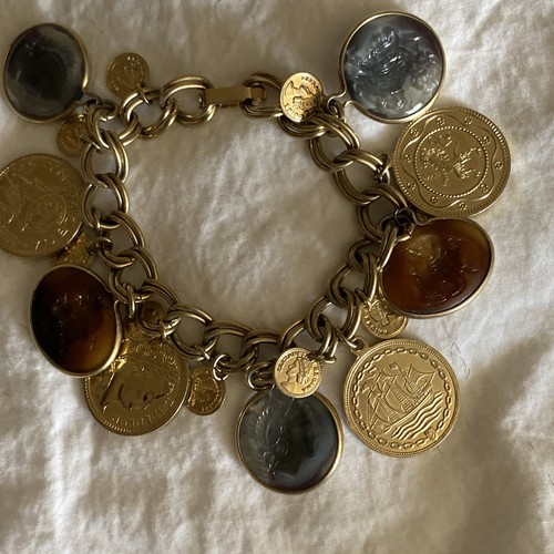 Vintage goldfarbene Kette Bettelarmband 6,5" Napoleon Elizabeth Achat geschnitzt
